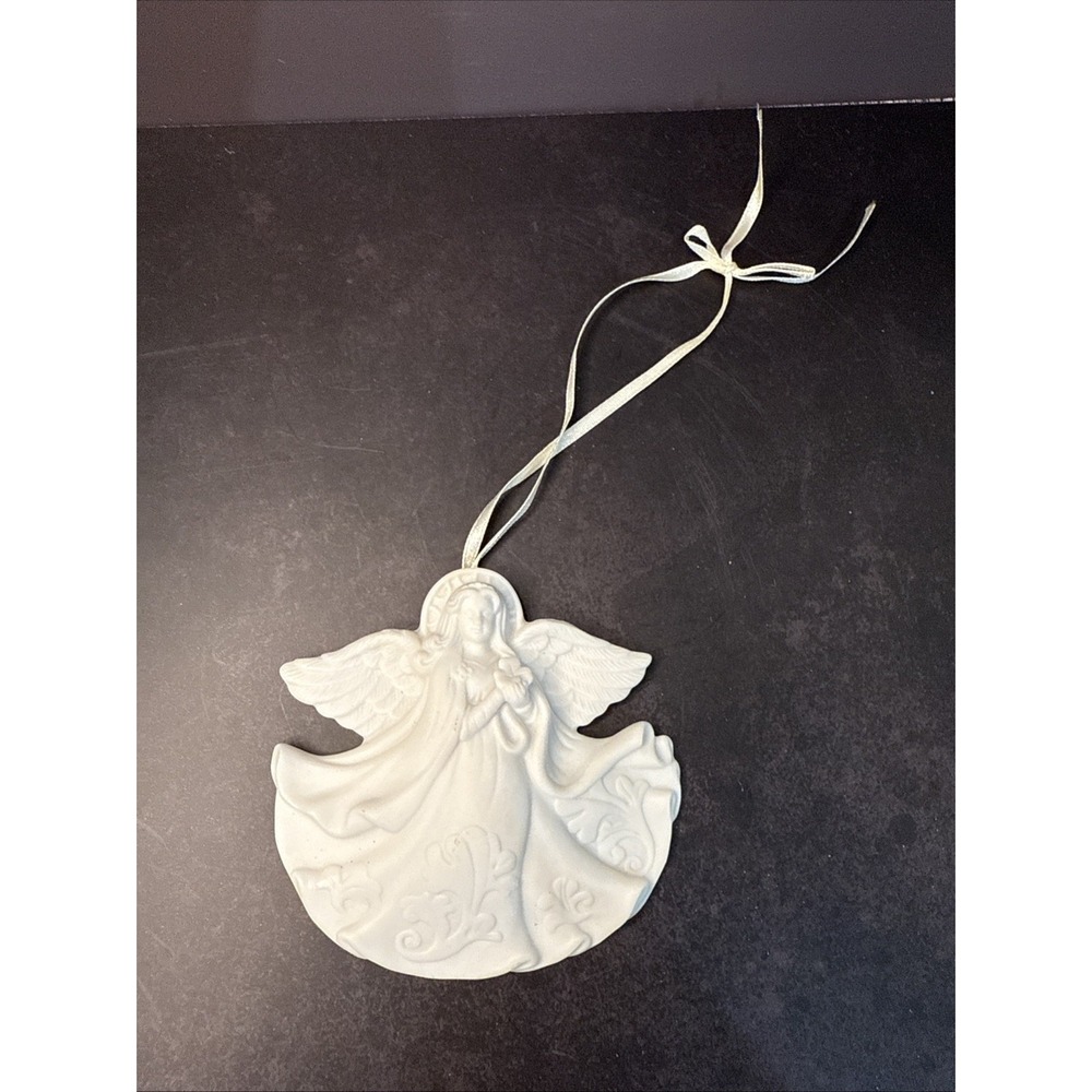 Vintage 1998 Roman Inc Bisque 3 1/2" Angel Holding Clover Ornament Adorable